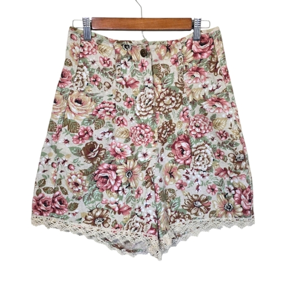 ​🌸 Vintage 90s Floral Lace Trim High Waist Mini Shorts Size 27 Pink Cream - Picture 2 of 6